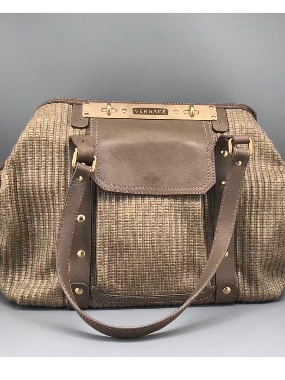 #R18 Vintage Versace Canvas and Leather Tote in Olive Green